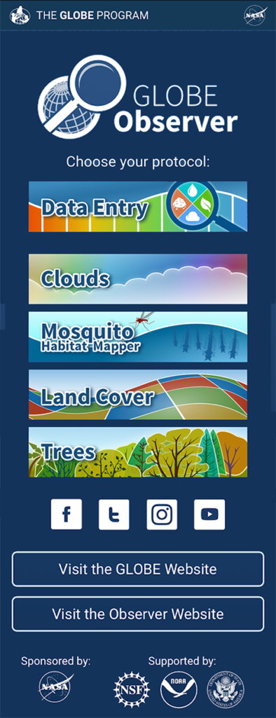 screenshot of Globe Observer app showing Data Entry, Clouts, Mosquito, Land Cover, and Trees options