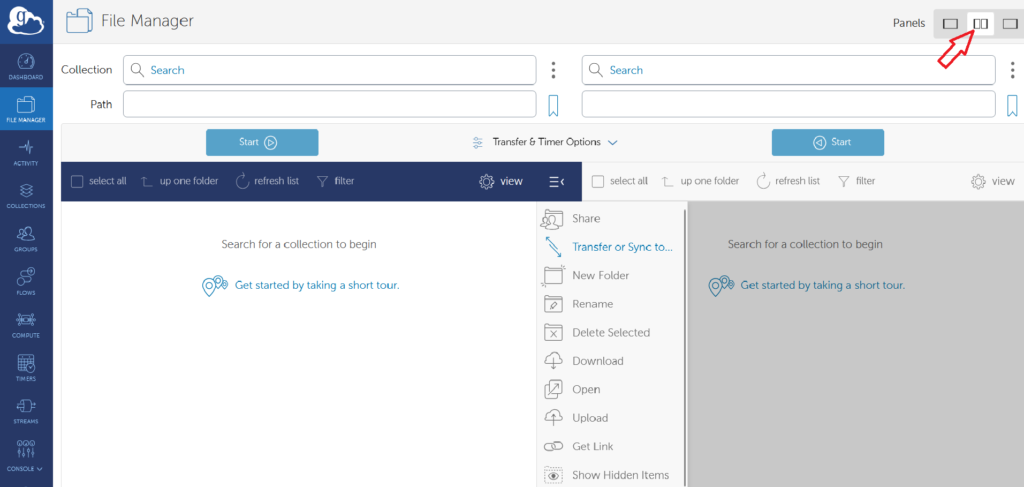 Debicts the Globus interface, showing that the "two pane" option is in the top right corner.